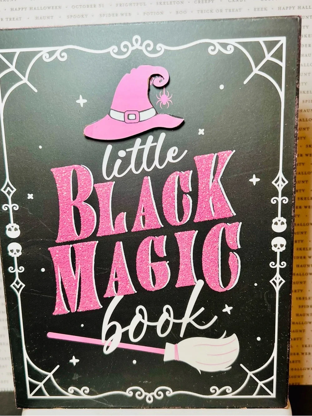 Little Black Magic Book Wooden Decor - Pink & Black Halloween Library Bookstore